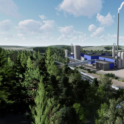 Havainnekuva Lahteen suunnitellusta vetylaitoksesta, joka aiotaan rakentaa Kymijärven voimalaitosten viereen.