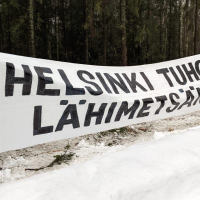 Banderolli, jossa lukee: "Helsinki tuhoaa lähimetsänsä".