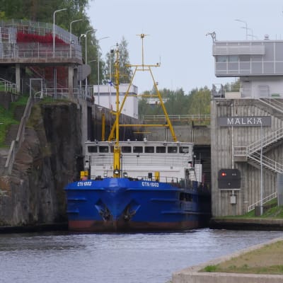Venäläinen rahtilaiva Saimaan kanavalla Mälkiän sululla.