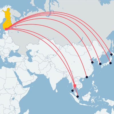 Grafiikka näyttää Finnairin lentoja Venäjän yli.