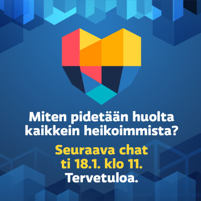 Ylen vaaliteltoilla 18.1. klo 11 käytävän chatin puffikuva. Chatin aiheena on "Miten pidetään huolta kaikkein heikoimmista?"