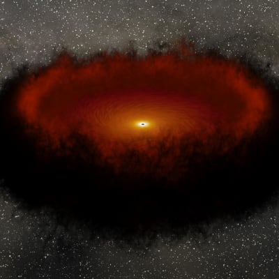 Kuva animatiosta, jossa kuvataan avaruuden mustaa aukkoa. Tähtien keskellä nurinpäin olevan karvalakin näköinen ympyrä, joka hehkuu sisältä ja aivan ydin on valon ympyröimä musta piste.