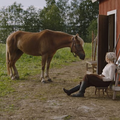 Suomen hevonen ja nainen navetan seinustalla.