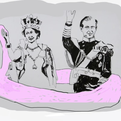 Illustration av drottning Elisabeth som vinkar och prins Philiph