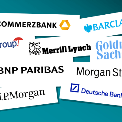 Kollaasi jutun pankkien logoista: Barclays, BNP Paribas, Citigroup, Commerzbank, Deutsche Bank, Goldman Sachs, JPMorgan, Merrill Lynch,  Morgan Stanley. 