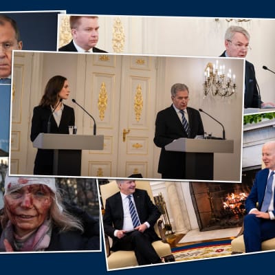 Kuvakombo jossa näkyy mm. presidentti Sauli Niinistö, Sanna Marin, Biden. Liittyvät Suomen Nato-kevääseen