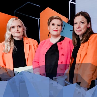 Maria Ohisalo, Annika Saarikko ja Li Andersson eduskuntavaalien vaalitentissä Pasilassa 23. maaliskuuta 2023.