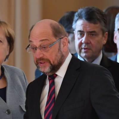 Angela Merkel, Martin Schulz, Sigmar Gabriel och Thomas de Maiziere 9.1.2018.
