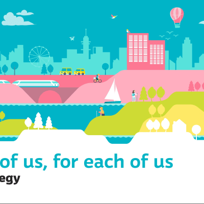 The sharing image for Yle's strategy. An illustrated landscape - below it the text in English:  For all of us, for each of us. Yle's Strategy.