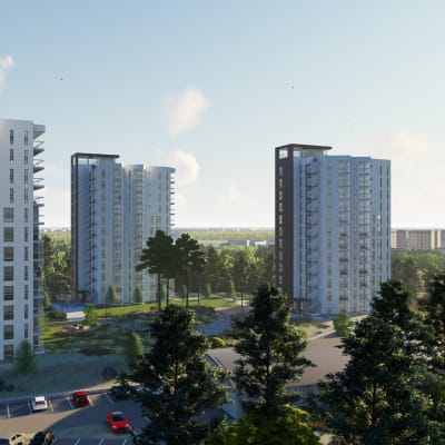 Havainnekuva kolmesta tornitalosta Kokkolan Pikiruukissa.