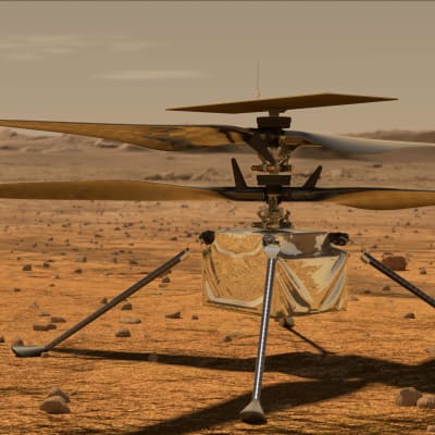 Minhelikoptern Ingenuity står på Mars yta.
