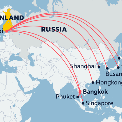 Map showing Finnair's flights from Finland to Asia that pass over Russia.