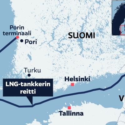 LNG-kaasutankkerin reitti Viipurista Porin terminaaliin Suomenlahden kautta Selkämerelle.