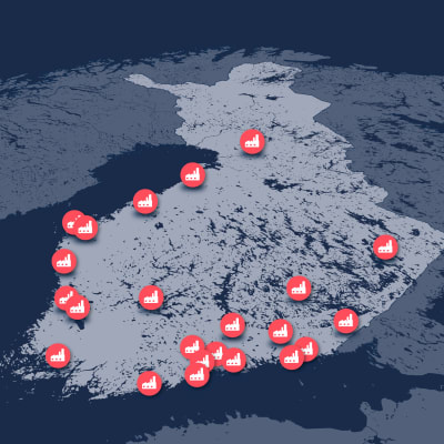 Grafik över vätgasanläggningar som planeras runtom i Finland.