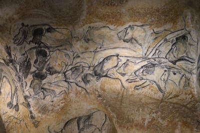 Grottmålning föreställande grottlejon och bisonoxar.