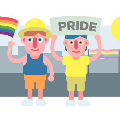 illustration av två karaktärer som deltar i prideparaden