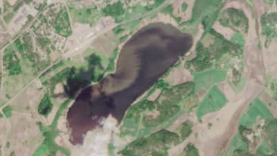 En satellitbild som visar hur slam runnit Läppträsket i Karis. Sjön är mörbrun och slammet syns som stora ljusbruna områden på stränderna. På bilden syns också gröns områden och ljusare åkrar samt vägar och hus.