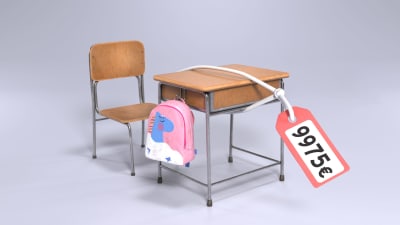 Graafinen kuvituskuva peruskoulun pulpetista, jossa on hintalappu 9975 euroa.