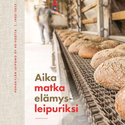 Kirjan Aikamatka elämysleipuriksi kansikuva, jossa kirja nimi ja ruisleipiä jonossa. 