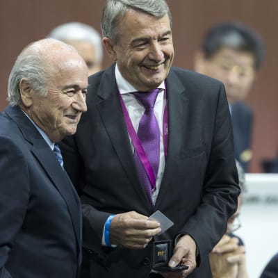 Sepp Blatter och Wolfgang Niersbach på FIFA-kongressen i maj.