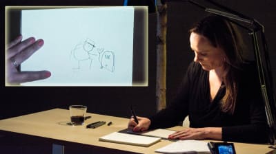 Maren Uthaug tecknar live inför publik. Ruta i hörnet med bilden,