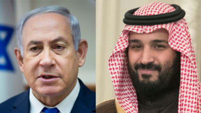Två fotografier. Benjamin Netanyahu och kronprins Mohammad bin Salmad