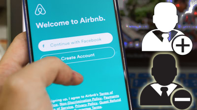 Kollage med svart figur och minustecken samt vit figur med plustecken invid Airbnb på mobiltelefon
