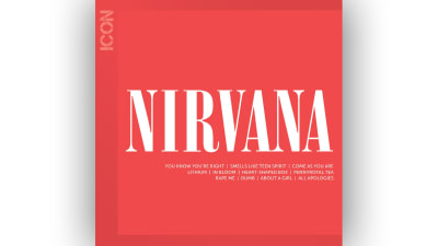 Nirvana Icon konvolut med bandets namn och låtar i vitt mot röd bakgrund.