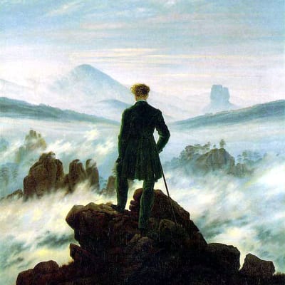 Caspar David Friedrichin maalaus Vaeltaja sumumeren yllä, jossa tummaan pukuun pukeutunut mies seisoo selin kivisellä vuorenhuipulla ja katselee eteensä avautuvaa pilvistä vuoristomaisemaa.