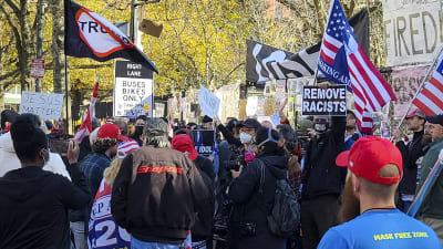 En folkmassa demonstrerar med plakat och amerikanska flaggor i händerna. Flera har röda MAGA-kepsar på sina huvuden. I bakgrunden syns träd.