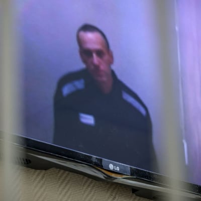 Aleksej Navalnyj på en TV-skärm under en rättegång.