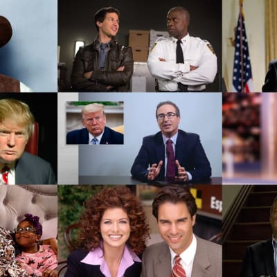 Ett collage av bilder av Ronald Reagan, tv-serien Brooklyn nine-nine, West Wing, Donald Trump i Apprentice, John Oliver, Trevor Noah, ur serien Black-isch, ur serien Will & Grace och ur serien House of Cards.