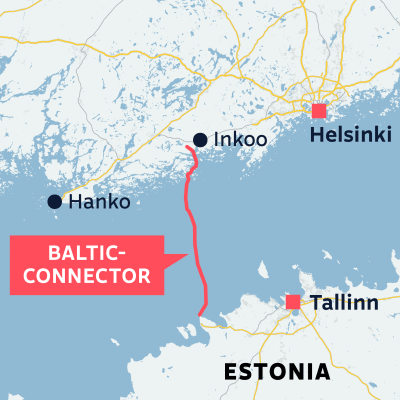 A map showing the location of Balticconnector gas pipe between Inkoo to Estonia, around 50 km west of Tallinn.