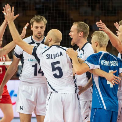 Finlands volleybollslandslag firar i volleybolls-VM i Polen 2014.