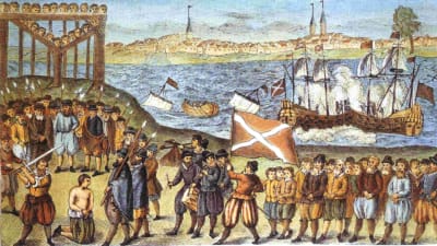 1700-luvulla tehty piirros keskiajalla tapahtuneesta merirosvopäälliköiden mestauksesta, taustalla kahden purjelaivan törmääminen ja taistelu.