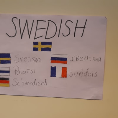 Plansch på väggen med svenska flaggan.