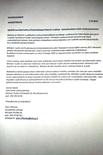 Informtionsbrev på finska till invånare i hyresbostäder om försäljning av bostäderna.