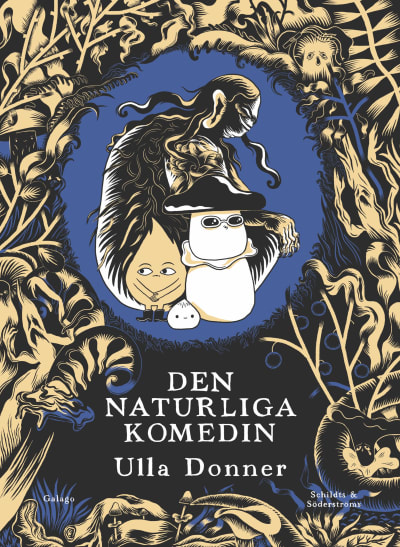 En tecknad bild av ett löv och en svamp som står tätt intill varandra inuti en cirkel av växtlighet. 