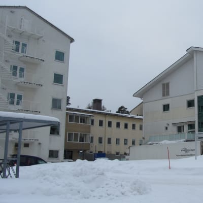 Vita våningshus vid Raseborgs sjukhus i ett vinterlandskap.