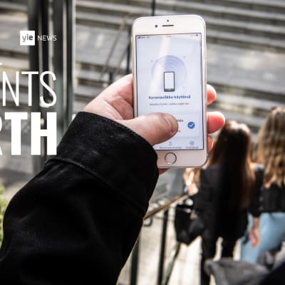 All Points North podcast logo featuring Finland's coronavirus tracing app in use at shopping mall