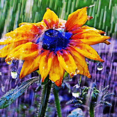 Gul blomma i regn.