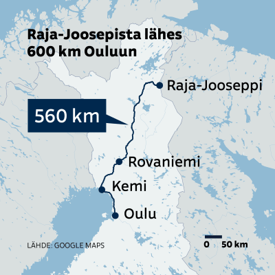 Suomen kartta, jossa reitti Raja-Joosepista Ouluun. Matkan pituus on 560 km.