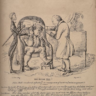 A doctor examining a disgruntled patient, John Bull, who is being reassured by his master. Lithograph by Crichtoss after Begister.