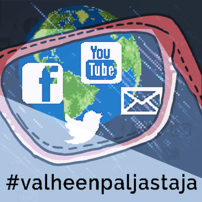 Silmälasit, joiden kautta näkyy verkkopalvelujen logoja. Grafiikka.