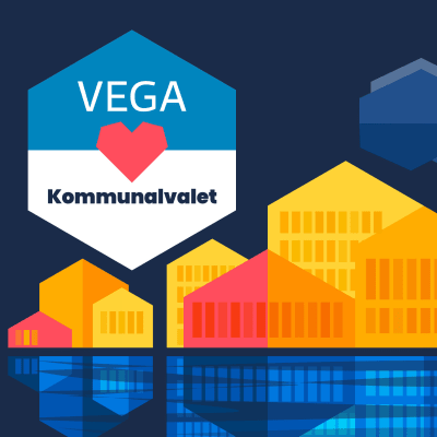 Stiliserade hus i gula toner framför en mörkblå himmel. I en sexkant står det Vega hjärta Kommunalvalet.