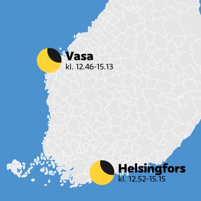 En karta som visar när solförmörkelsen pågår i Vasa och Helsingfors.