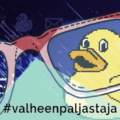 Silmälasien linssin läpi näkyy kumiankka, grafiikka.