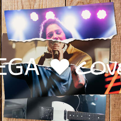 sönderrivna bilder på fyra olika musicerande människor som bildar en, med texten Vega hjärta covers över.