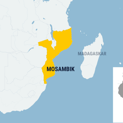 Kartta Mosambikin sijainnista Afrikan mantereella.