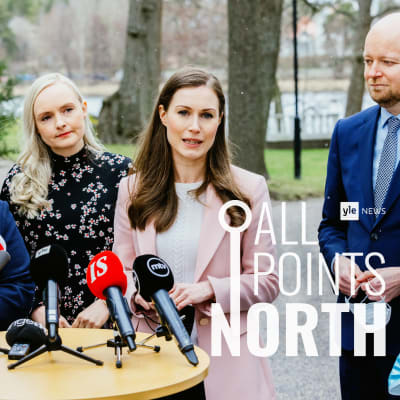 Photo of Prime Minister Sanna Marin (in middle) and members of her government featuring All Points North podcast logo. 